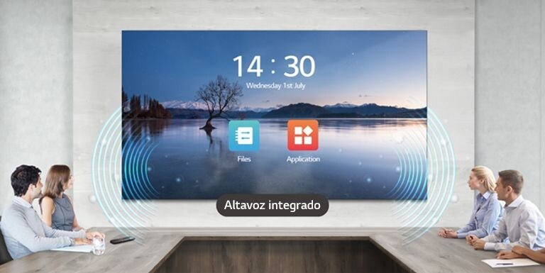People have a meeting while watching the display and listening sound with the LAEC and its built-in speaker, installed in the meeting room.