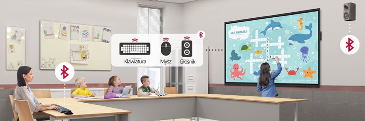 Inteligentna tablica LG może łączyć się bezprzewodowo z urządzeniami takimi jak klawiatury, myszy czy głośniki za pośrednictwem Bluetooth.