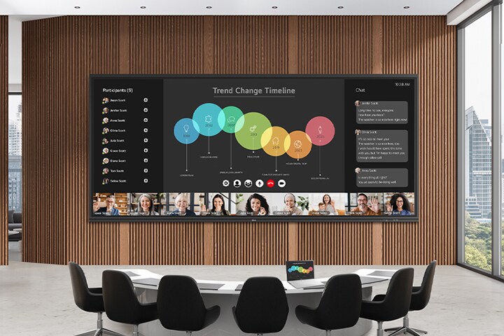 Szeroki ekran LG CreateBoard jest zainstalowany na ścianie sali konferencyjnej. Rozległy ekran interaktywnej tablicy pokazuje trwającą wideokonferencję. 