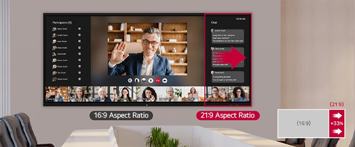 Inteligentna tablica LG o proporcjach 21:9 jest zainstalowana w sali konferencyjnej, zapewniając więcej informacji niż ekran 16:9.