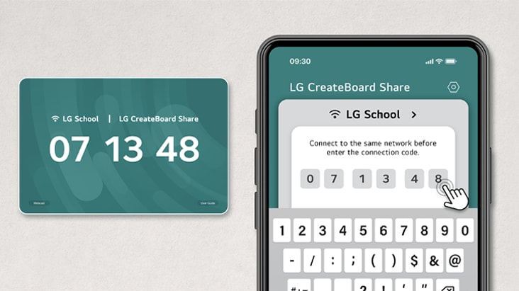 Użytkownicy mogą uzyskać dostęp do LG CreateBoard Share – rozwiązania do bezprzewodowego udostępniania ekranu – wpisując 6-cyfrowy kod. 