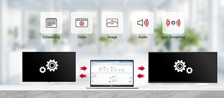 LG ConnectedCare umożliwia zdalne zarządzanie LG CreateBoard i Digital Signage w zakresie harmonogramów, odtwarzania filmów, obrazów i dźwięku oraz transmisji na żywo.
