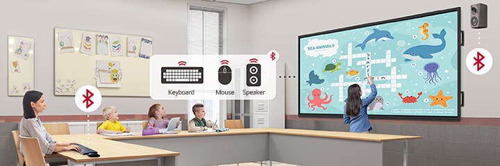 Cyfrowa tablica LG może łączyć się bezprzewodowo z urządzeniami takimi jak klawiatury, myszy czy głośniki za pośrednictwem Bluetooth.
