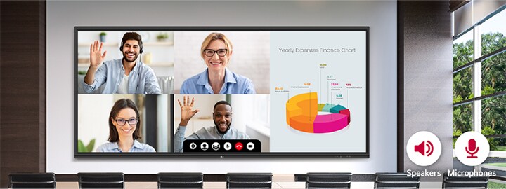 Interaktywna tablica cyfrowa LG jest montowana na ścianie sali konferencyjnej, a konferencja wideo jest przeprowadzana za pomocą wbudowanych głośników i mikrofonów.
