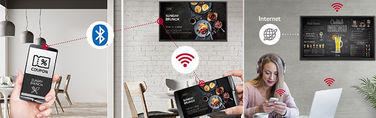 "Kupony i promocje sprzedażowe można oferować przez Bluetooth. Ponadto na ekranie signage, zamontowanym na ścianie sklepu, jest widoczna ta sama treść, co na urządzeniu mobilnym, które osoba trzyma w ręku. Jest to zasługa działania funkcji Content Mirroring przez sieć Wi-Fi. Na ścianie wisi ekran SM5J. Kobieta korzysta z komputera i telefonu komórkowego. Ten obraz pokazuje, że ekran można podłączyć bezprzewodowo do komputera i telefonu komórkowego, który kobieta trzyma w ręku."
