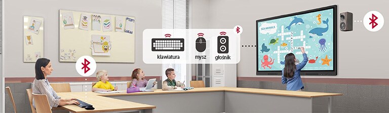 Tablica LG CreateBoard może bezprzewodowo łączyć się z urządzeniami takimi jak klawiatury, myszy i głośniki przez Bluetooth.