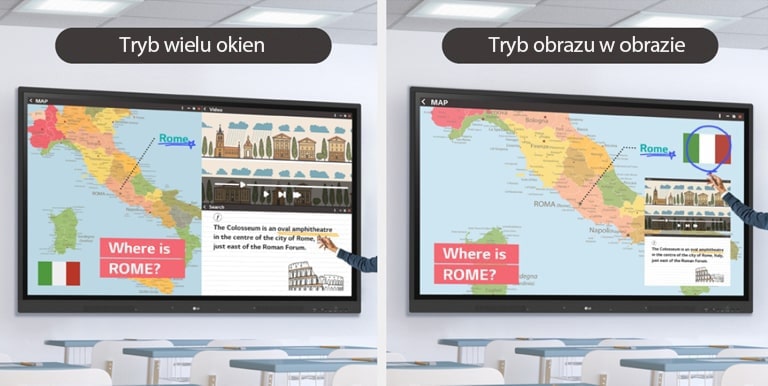Funkcja Smart Viewing obejmuje tryb wielu okien, który wyświetla dane obok siebie, a także tryb obrazu w obrazie, który może zastąpić inne dane nad wyświetlanymi danymi.