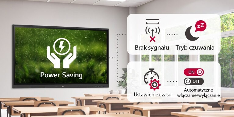 W przypadku braku sygnału wejściowego przez określony czas, urządzenie przechodzi w tryb czuwania i może zostać automatycznie włączone lub wyłączone poprzez ustawienie czasu, co pozwala oszczędzać energię.