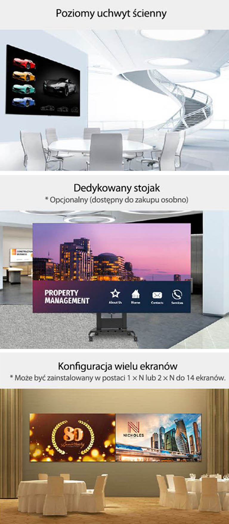 "LAEC montowany na ścianie z mocowaniem na ścianie. LAEC zostały zainstalowane wraz z opcjonalnym dedykowanym stojakiem w hali imprezowej. Dwa LAEC są zainstalowane na ścianach hotelowej sali balowej obok siebie"