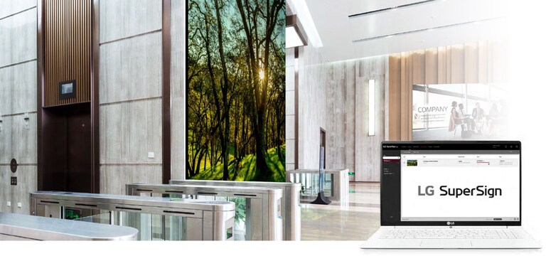 Instalacja ekranu MAGNIT w poczekalni firmy. Ekran jest obsługiwany za pomocą rozwiązania LG SuperSign.