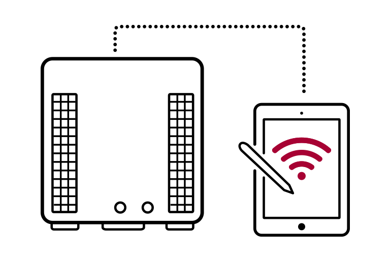 Pompa LG Therma V R32 Monobloc 51 kW po lewej, tablet po prawej połączony liniami przerywanymi, symbolizującymi zdalne połączenie.				
