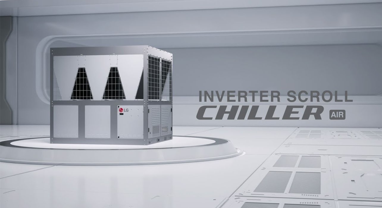 Agregat LG Inverter Scroll Chiller AIR zaprezentowany w nowoczesnym, futurystycznym otoczeniu