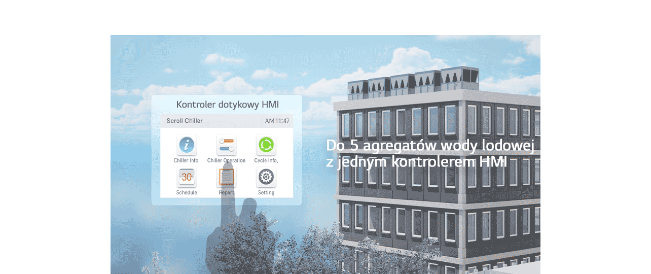 Interfejs kontrolera dotykowego HMI dla LG Scroll Chiller, pokazujący łatwą i inteligentną kontrolę do 5 jednostek chillerów za pomocą tylko jednego kontrolera HMI na dachu budynku.