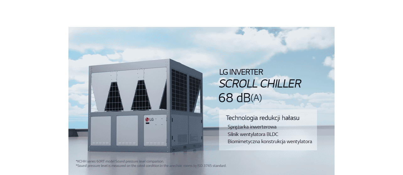 LG Inverter Scroll Chiller znajduje się na dachu budynku.	