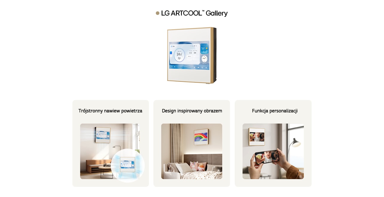 Klimatyzator LG ARTCOOL Gallery z trójstronnym nawiewem, stylową obudową i funkcją personalizacji obrazu.