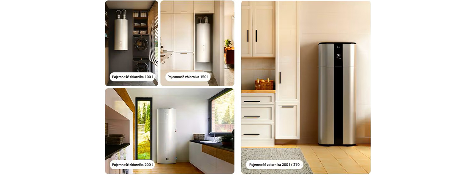 Pompy ciepła LG do podgrzewania wody w zastosowaniach domowych, dostępne w czterech rozmiarach: 100 l, 150 l, 200 l oraz hybrydowy 200/270 l.