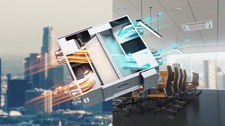 Ilustração do sistema ERV da LG que destaca a renovação de ar energeticamente eficiente e a ventilação limpa para espaços de escritório