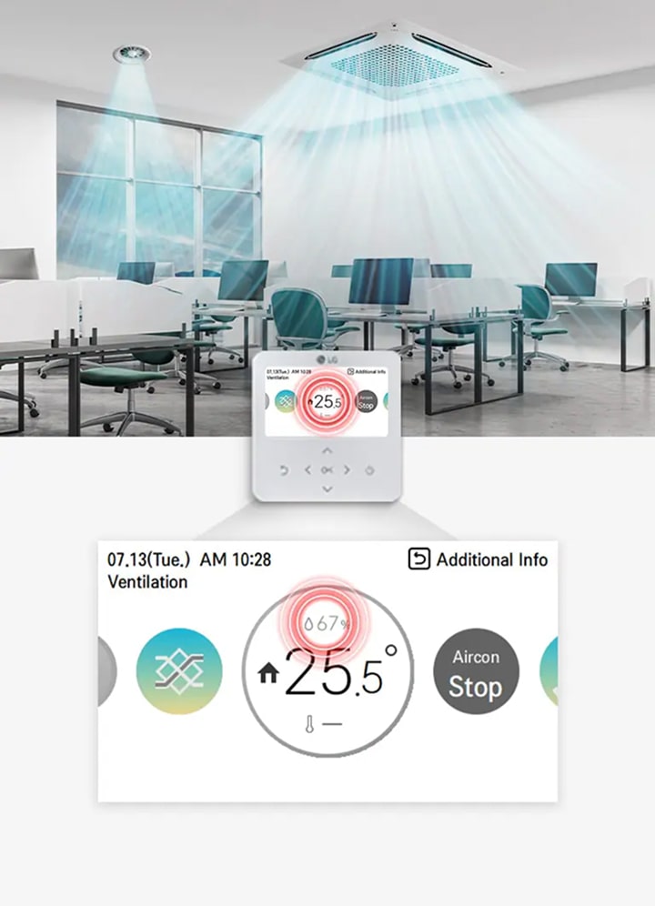 Controlo de humidade do sistema ERV da LG com unidade de cassete de teto e controlo remoto com fios para monitorização em tempo real