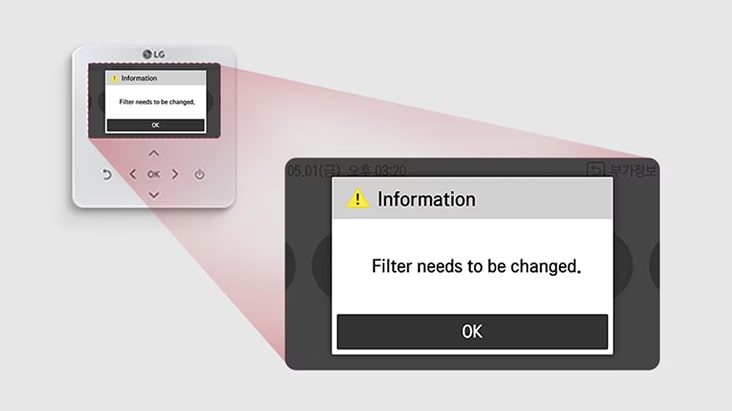 O alarme de contaminação do filtro do sistema ERV da LG é apresentado no controlo remoto, alertando os utilizadores para a necessidade de substituir os filtros entupidos.