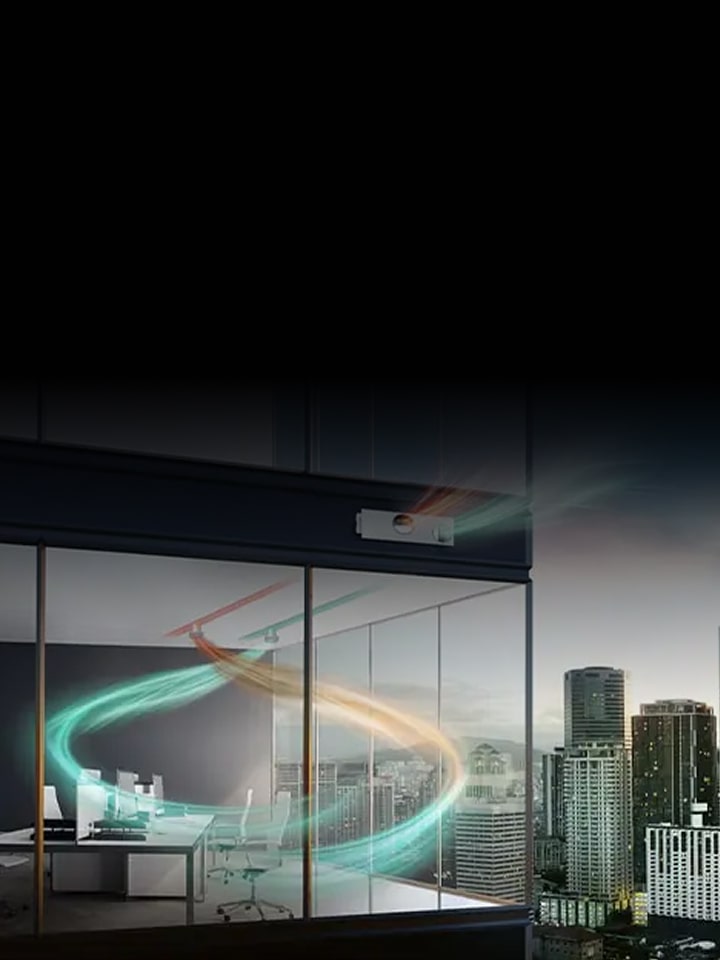 Banner da LG Ventilation Solution (ERV) que apresenta um sistema de renovação de ar com eficiência energética e filtros purificadores do ar, com um escritório moderno e o horizonte da cidade como pano de fundo.