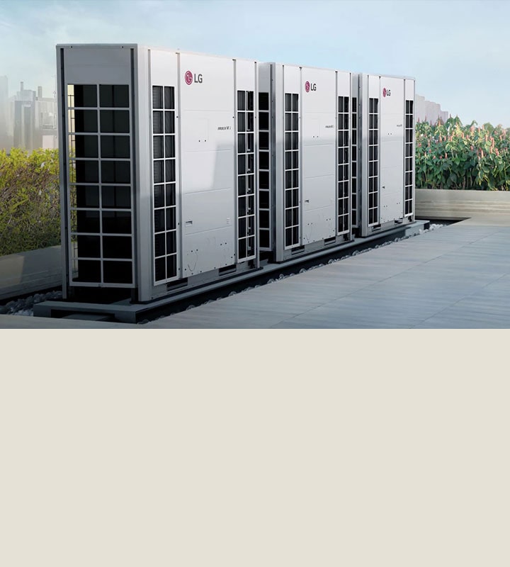 Unidades exteriores VRF da LG instaladas no telhado, com um desempenho fiável em termos de refrigeração e aquecimento. Concebidas para grandes edifícios com uma gestão eficiente do fluxo de refrigerante