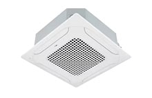 Unidade interior VRF tipo LG Ceiling Mounted Cassette para uma distribuição eficiente do ar. O design compacto integra-se harmoniosamente em interiores de escritórios e espaços comerciais.