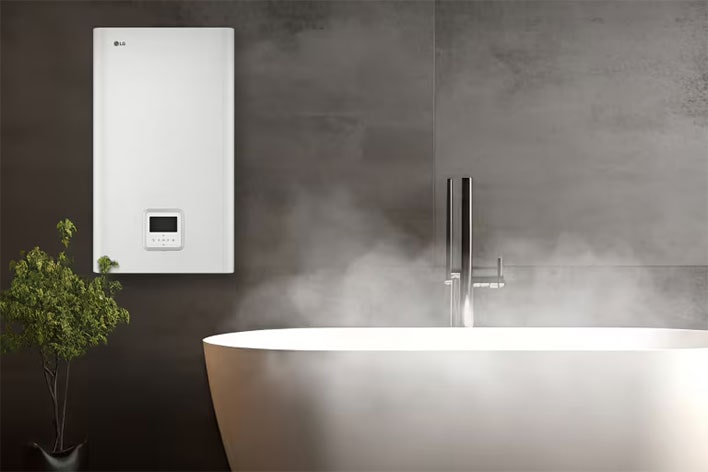 Solução de Água Quente da LG, que proporciona aquecimento e abastecimento de água quente com eficiência energética. Concebida para se integrar com a série LG MULTI V, com vista a um desempenho otimizado do sistema de HVAC