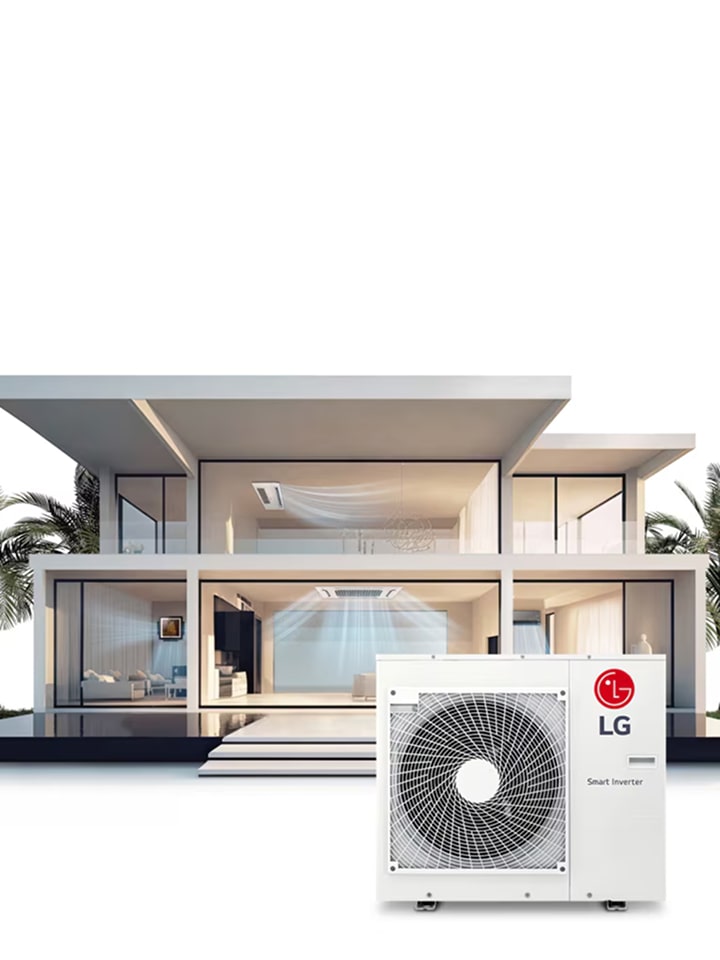 Sistema de ar condicionado LG Multi Split instalado no exterior de uma habitação moderna, para uma refrigeração e aquecimento eficientes.