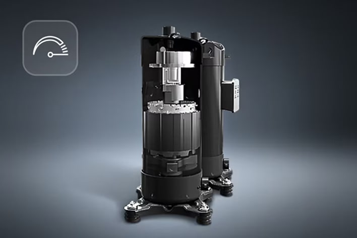 Compressor com inversor de excelência da LG para sistemas de HVAC de alta eficiência. Proporciona uma poupança de energia superior e uma fiabilidade duradoura