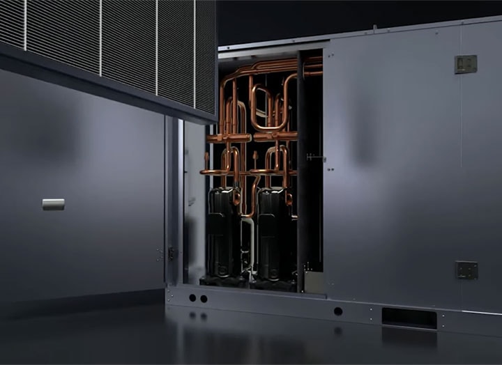 Unidade LG HVAC Inverter Single Package com o painel aberto, que mostra os componentes internos. Concebida para facilitar o acesso e com filtros deslizantes laváveis com água para uma manutenção mais rápida