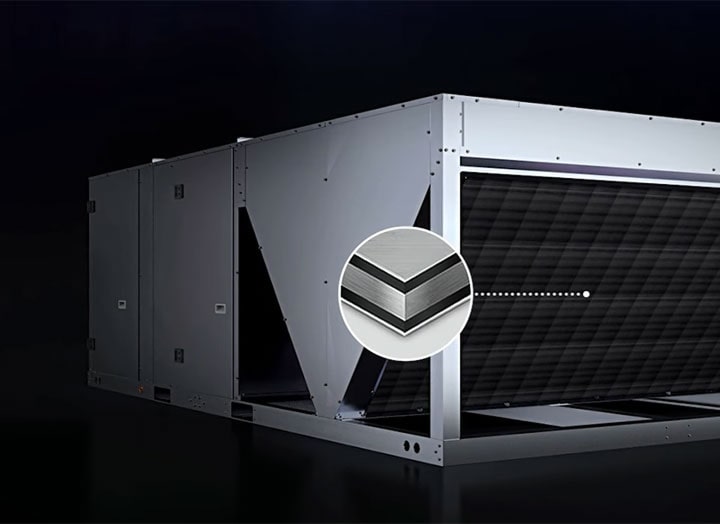 Sistema HVAC da LG com ligação de condutas adaptáveis para uma instalação flexível. Suporta múltiplas direções de condutas, mantendo um desempenho de fluxo de ar consistente.