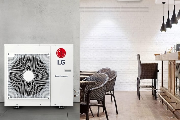 Unidade exterior Monosplit da LG ligada a diversas opções de unidades interiores. A compatibilidade flexível aumenta o conforto e a eficiência energética