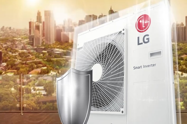 Unidade exterior do sistema Monosplit da LG, que garante um funcionamento estável. Desempenho fiável em condições meteorológicas e de alimentação adversas.