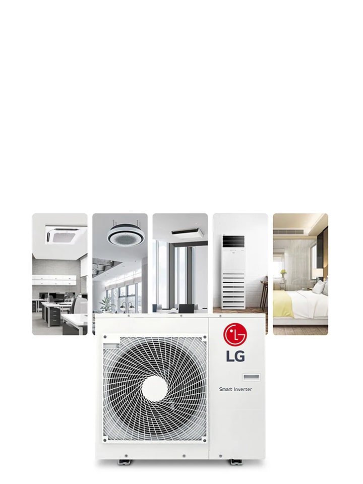Sistema de climatização LG Monosplit com unidades interiores e exteriores. Concebido para lojas comerciais, oferecendo elevada eficiência energética e um desempenho fiável