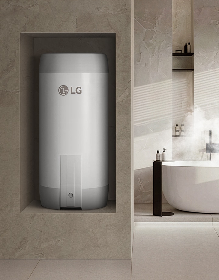 Uma casa de banho com um esquentador elétrico da LG embutido que fornece água quente para a banheira e o chuveiro.