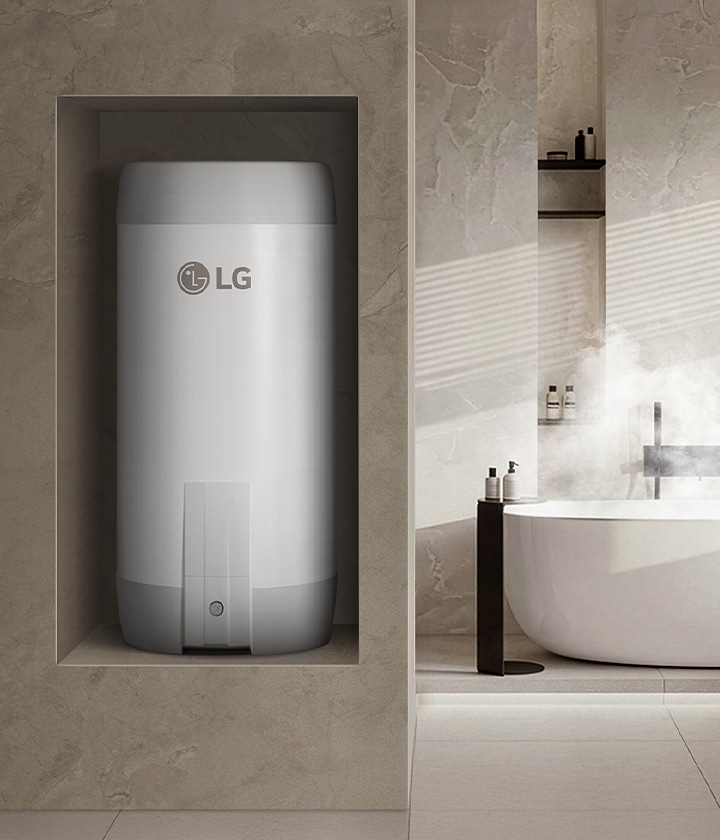 LG Heat Pump Water Heater embutido num elegante armário de cozinha junto à janela, demonstrando as opções flexíveis da gama de produtos.