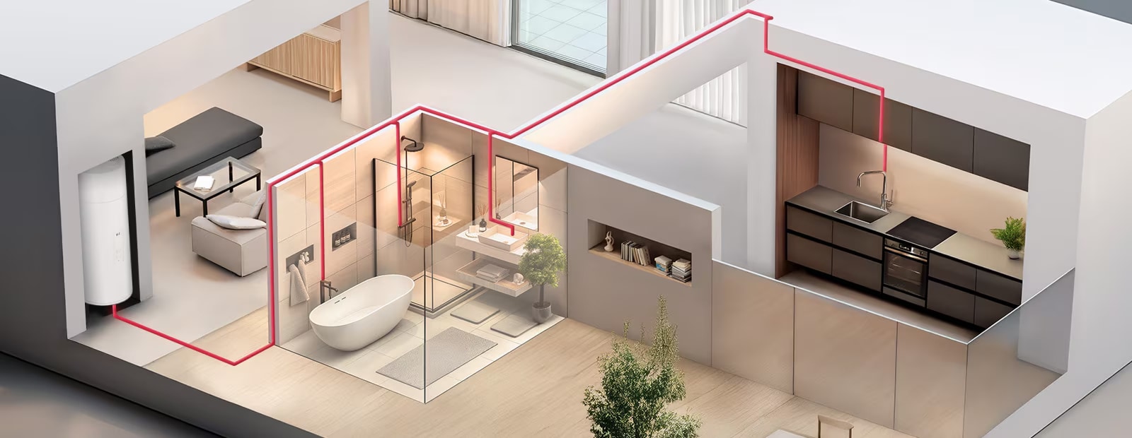 Integração do LG Heat Pump Water Heater num sistema doméstico inteligente, demonstrando uma distribuição eficiente de água quente pela cozinha e pela casa de banho.