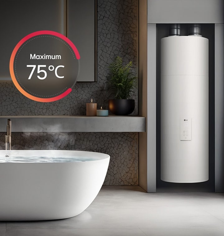 LG Heat Pump Water Heater, que oferece um desempenho avançado no fornecimento de água quente, com uma temperatura máxima de 75 °C, para uso residencial.