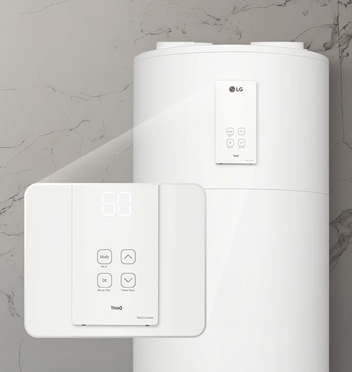 LG Heat Pump Water Heater, dotado de um painel de controlo inteligente que oferece vários modos de funcionamento para um desempenho otimizado.