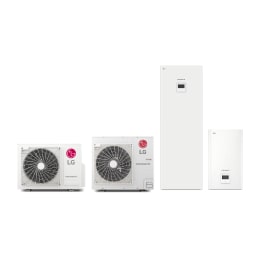 São exibidas 2 unidades interiores e 3 unidades exteriores do sistema LG Therma V Split.