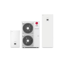 São exibidas 2 unidades interiores e 1 unidade exterior do sistema LG Therma V Hydrosplit.