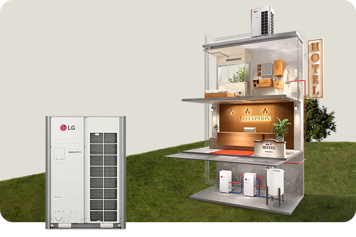 يحتوي الفندق المُكوَّن من ثلاثة طوابق مع قبو على رسم منظوري. يتم توصيل Hydro Kits وMULTI V i بالوحدات الداخلية في الغرفة والاستقبال بواسطة عدة أنابيب.