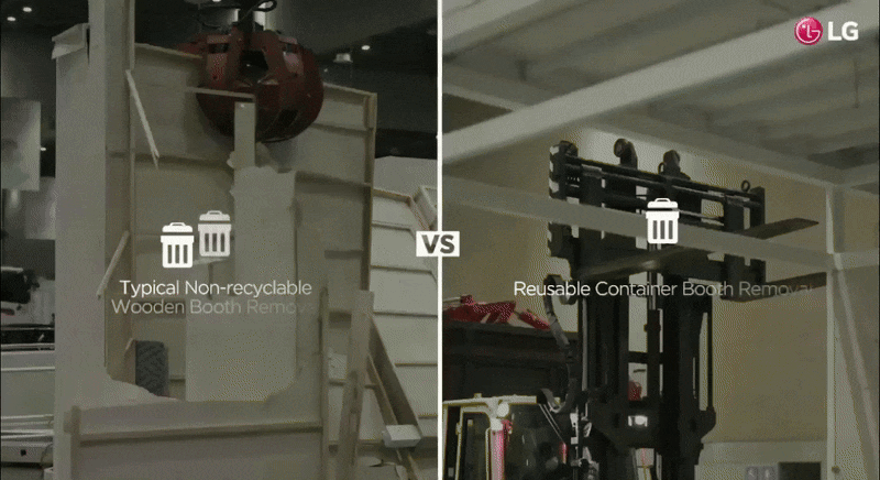 يقارن الفيديو بين عملية إزالة المقصورة الخشبية غير القابلة لإعادة التدوير وعملية إزالة مقصورة الحاوية القابلة لإعادة الاستخدام