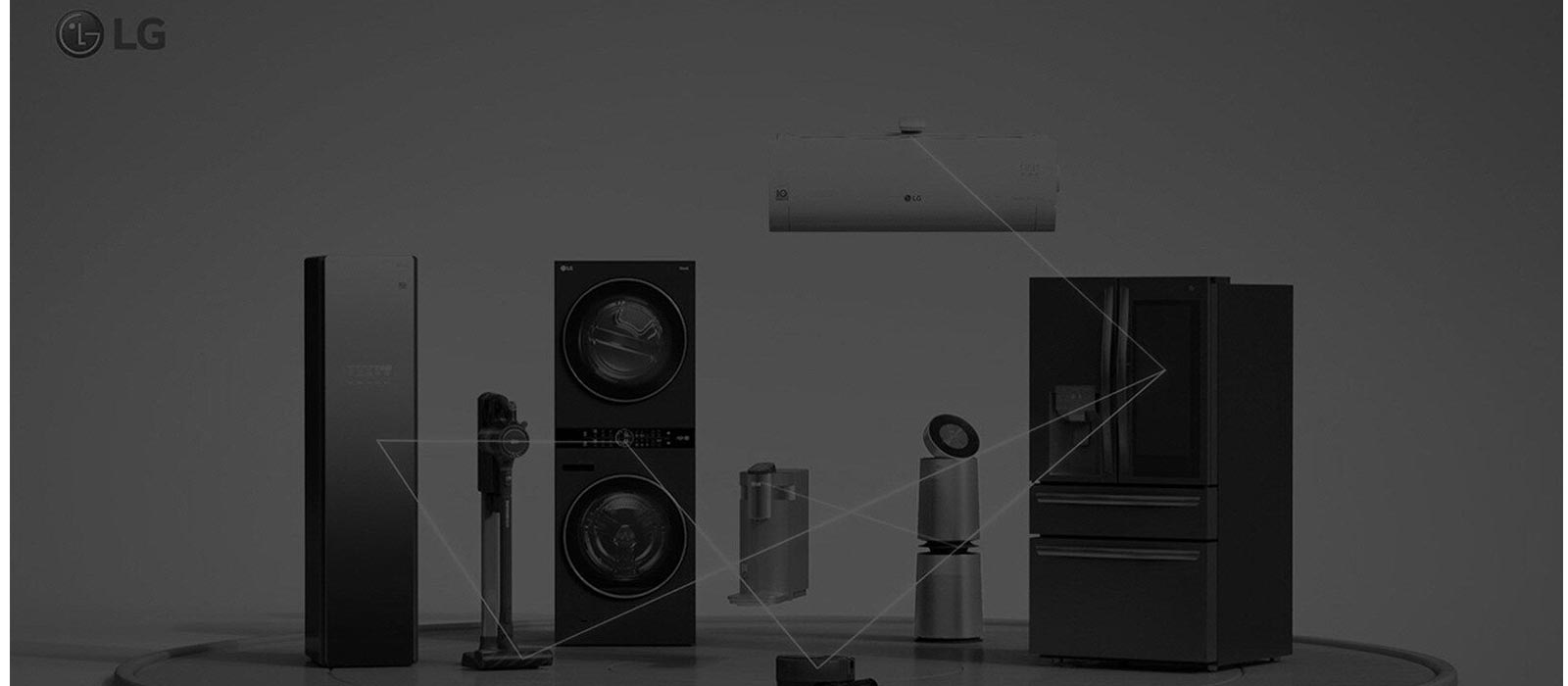 Many home appliances of LG showing connectivity in between them with ThinQ Home service.
