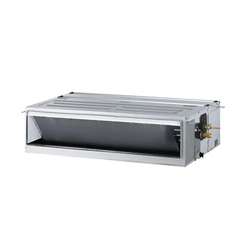 مُكيِّف LG Ceiling Concealed Duct هو عبارة عن أنبوب مستطيل رمادي اللون متوازي الأضلاع مع بعض مداخل الهواء على الجانب الأيمن وفتحة تهوية في الأمام.