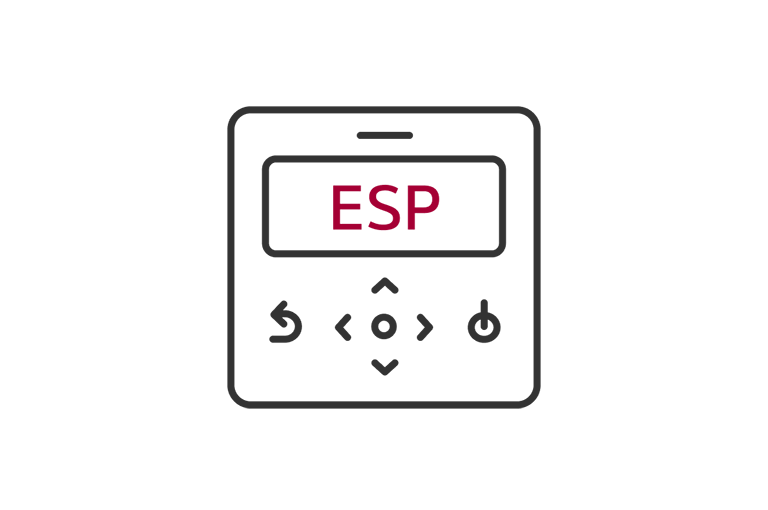 أيقونة واجهة بسيطة مع كلمة "ESP" في مستطيل، محاطة برموز تحكم تشير إلى سهولة التحكم في LG Ceiling Concealed Duct.