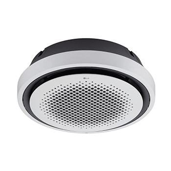 يحتوي مكيف LG Round Cassette على العديد من الفتحات في مركز الدائرة المثالية، مع حواف سوداء ومحاطة بإطار.