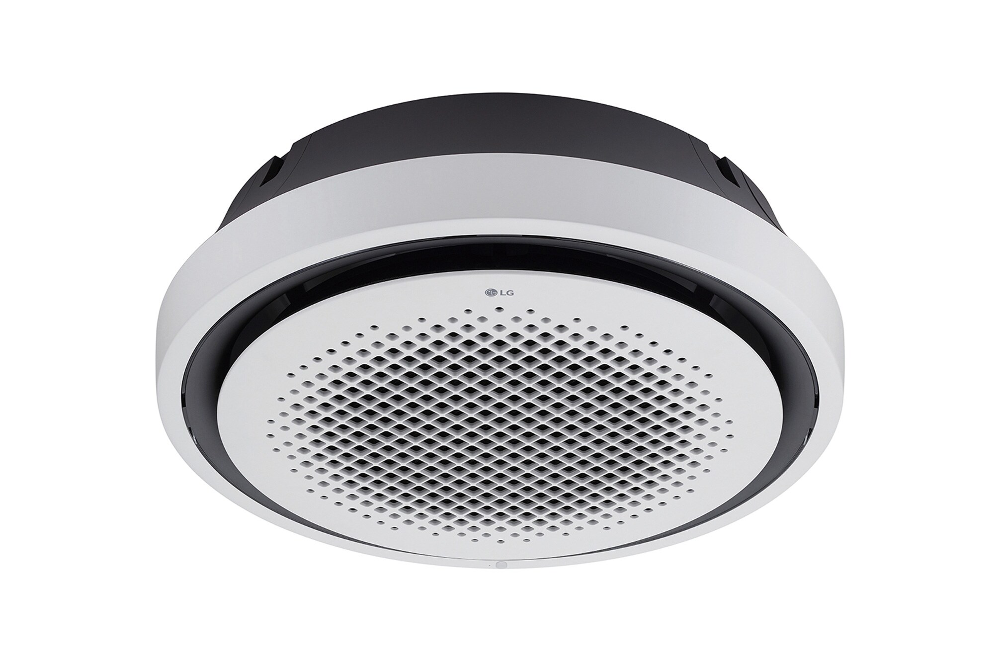 يحتوي مكيف LG Round Cassette على العديد من الفتحات في مركز الدائرة المثالية، مع حواف سوداء ومحاطة بإطار.