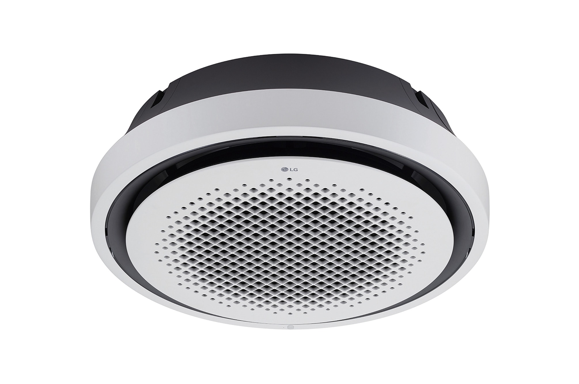 يحتوي مكيف LG Round Cassette على العديد من الفتحات في مركز الدائرة المثالية، مع حواف سوداء ومحاطة بإطار.