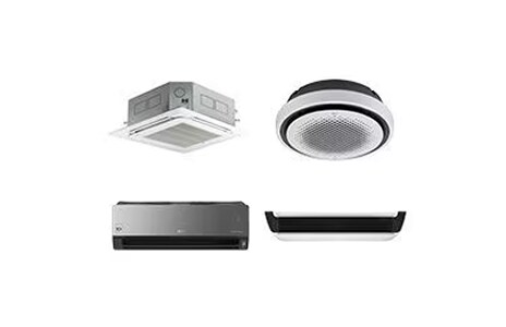 A set of four air conditioning indoor units in different shapes, including ceiling, wall, and circular designs.